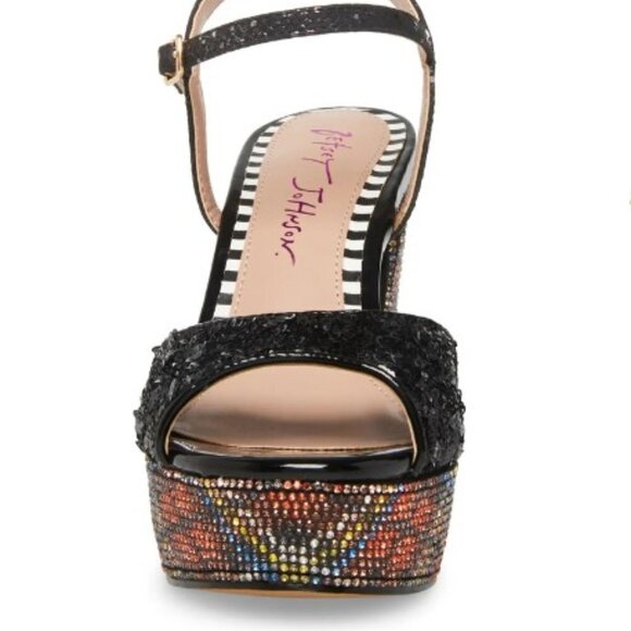 Betsey Johnson ALAIA BLACK PLAID Print Platform Sandal bling sequin NEW - Picture 5 of 8
